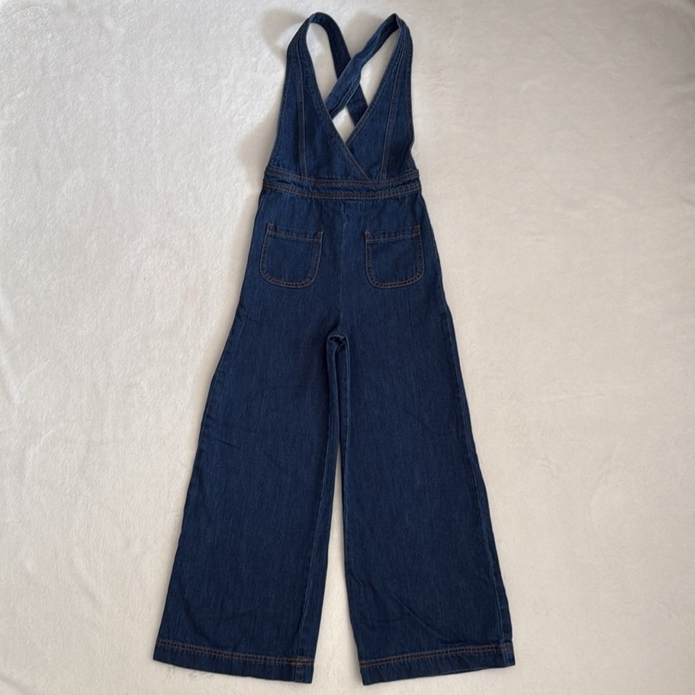 Bebe Girls | Denim Cross Back Flare Wide Leg Overall Jumpsuit Blue (M 10-12) - Picture 13 of 13